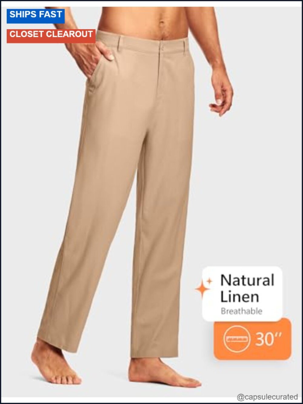 Men's Linen Dress Pants Casual Work Golf Trousers Flat Front with Pockets - Picture 3 of 6